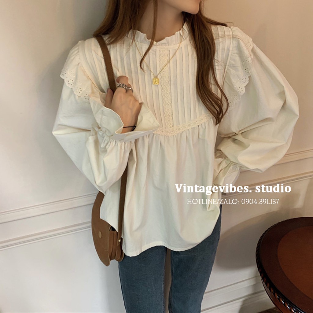 [Ảnh thật/Video] Áo babydoll cổ bèo phối ren ly Ulzzang - Hàng QCCC