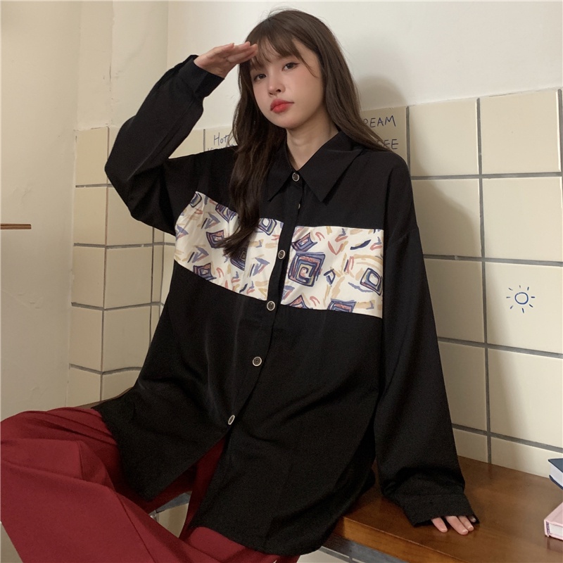Áo Sơ Mi Dáng Rộng Họa Tiết Khối Màu Sắc Thời Trang Mùa Thu Cho Nữ
