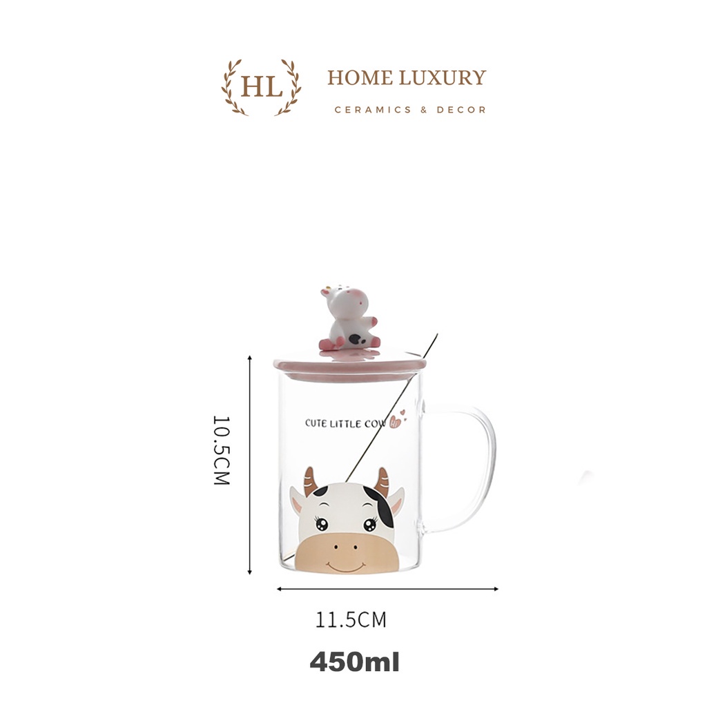 Ly thủy tinh chịu nhiệt Decor nắp sứ tạo hình bò sữa kèm thìa inox vàng gương | Cốc thủy tinh có quai CUTE LITTLE COW