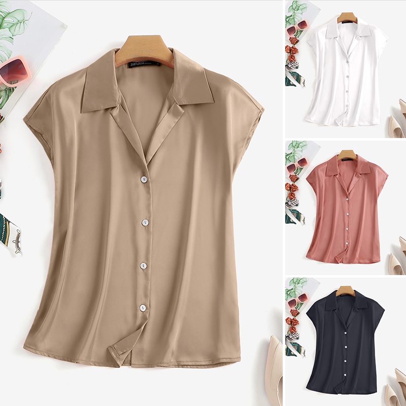 Zanzea Áo Sơ Mi Vải Satin Tay Ngắn Cổ Chữ V Màu Trơn Thời Trang Cho Nữ