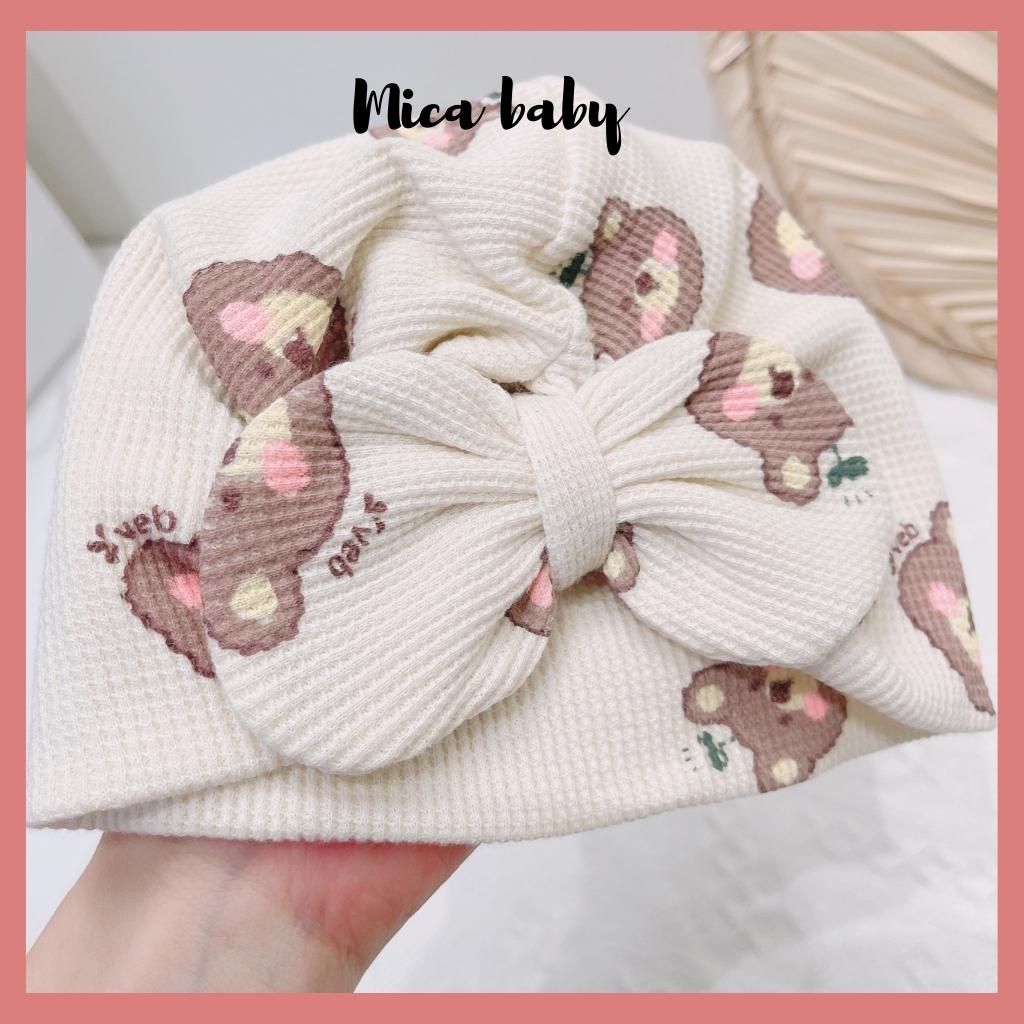 Mũ turban màu be họa tiết gấu má hồng dễ thương cho bé Mica Baby MTB148