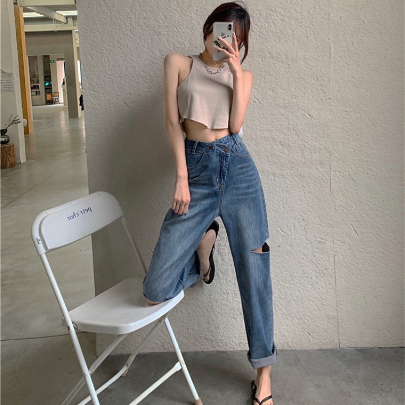 Quần Jean Dài Dáng Rộng Thiết Kế Rách Thời Trang Cá Tính