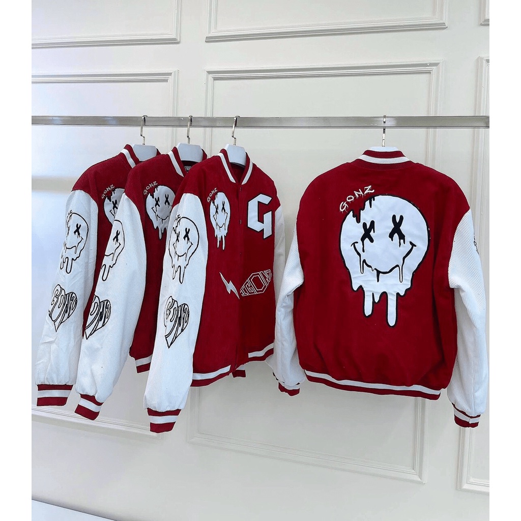 Áo Khoác Varsity Jacket Unisex Nam Nữ Nhung Tăm 2 Lớp - Họa Tiết Mặt Cười Cá Tính - MIDU FASHION