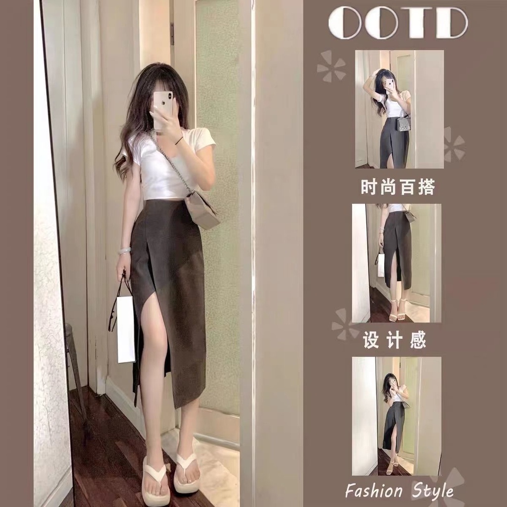 Set Áo Thun Ngắn Tay + Chân Váy Xẻ Tà Phong Cách Hong Kong Thời Trang Mùa Hè Hàng Mới Dành Cho Nữ 2022
