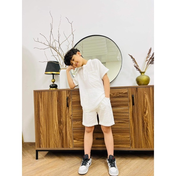 Quần áo bé trai và bố - Bộ sơ mi quần áo trắng chất đũi- MinMax Connect