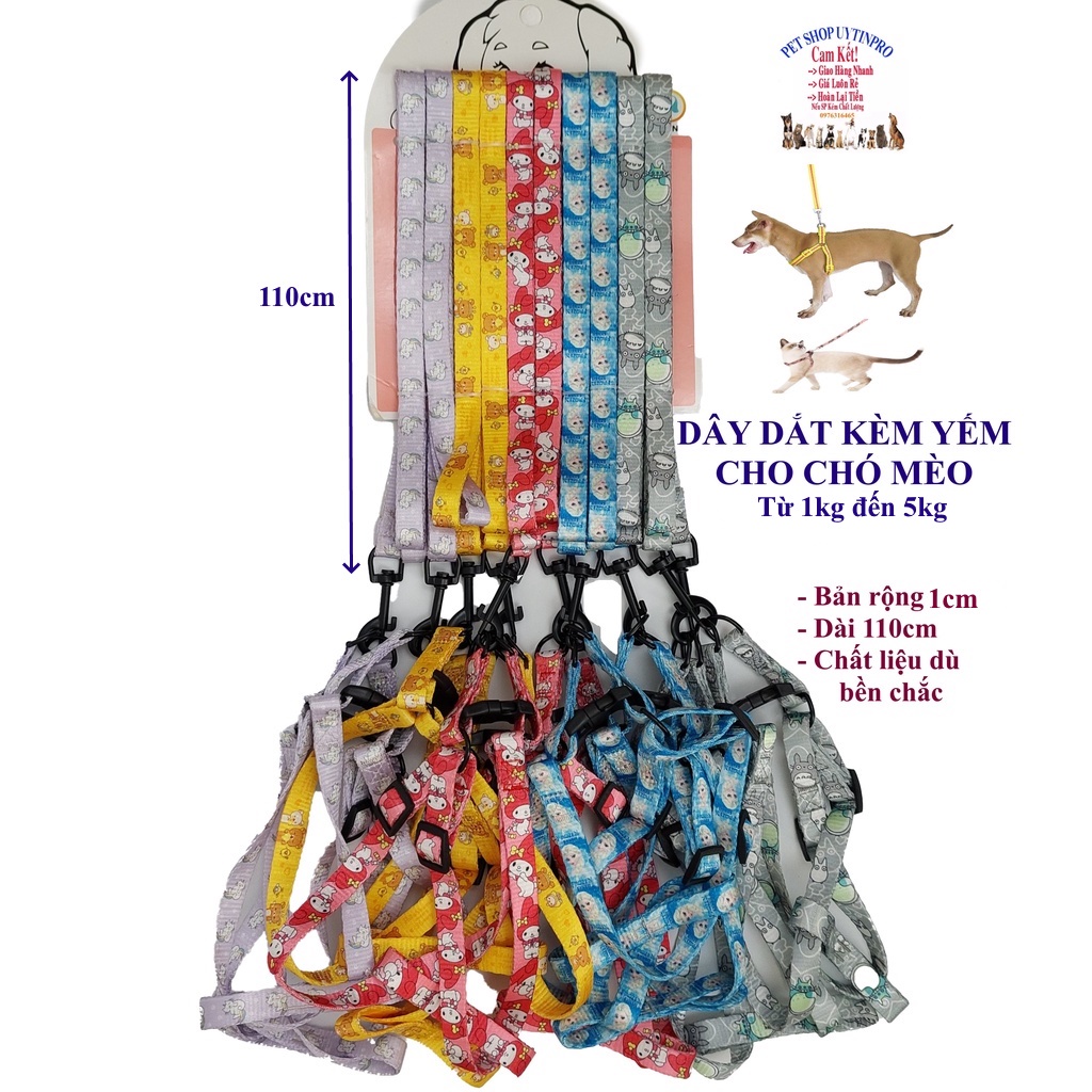Dây dắt kèm yếm cho Chó Mèo Dưới 5kg Bản rộng 1cm In họa tiết hoạt hình Chất liệu dù Chắc chắn, Yếm có thể điều chỉnh