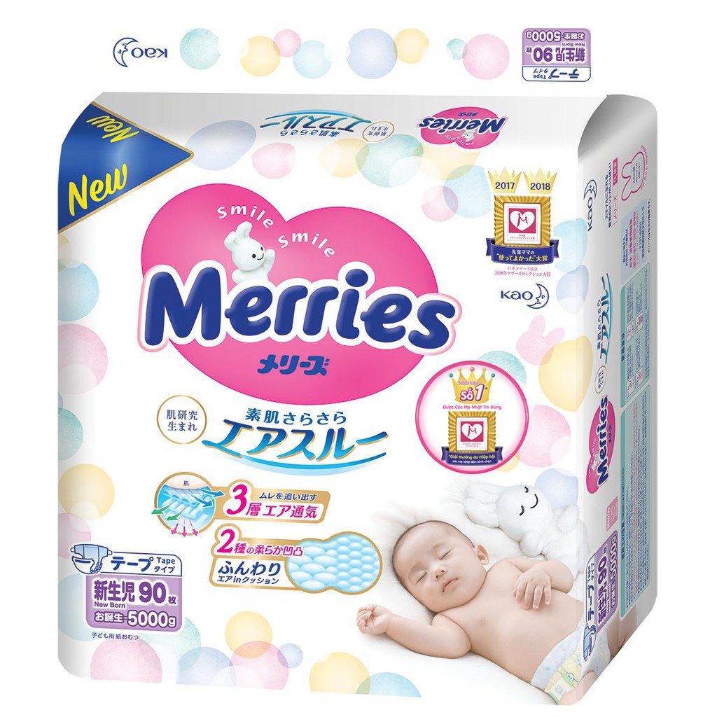 Bỉm dán Merries Newborn Nhật Bản gói 90 miếng cho bé từ sơ sinh tới 5kg