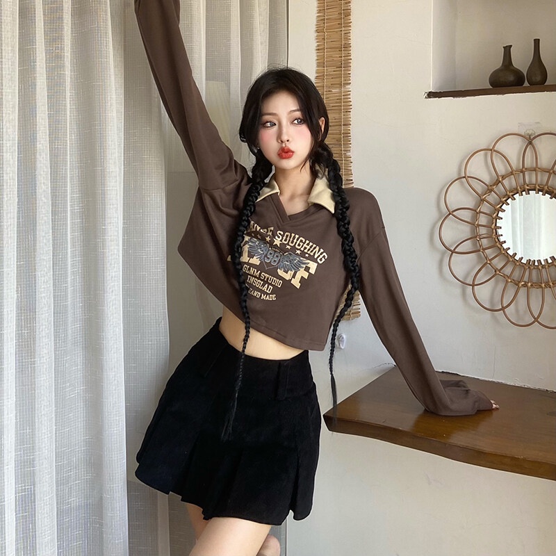 Kliou 2022 Mới vào mùa hè  Áo Thun Crop Top Tay Dài Cổ Chữ V In Chữ Phong Cách Mỹ Thời Trang Mùa Thu Mới Dành Cho Bạn Nữ