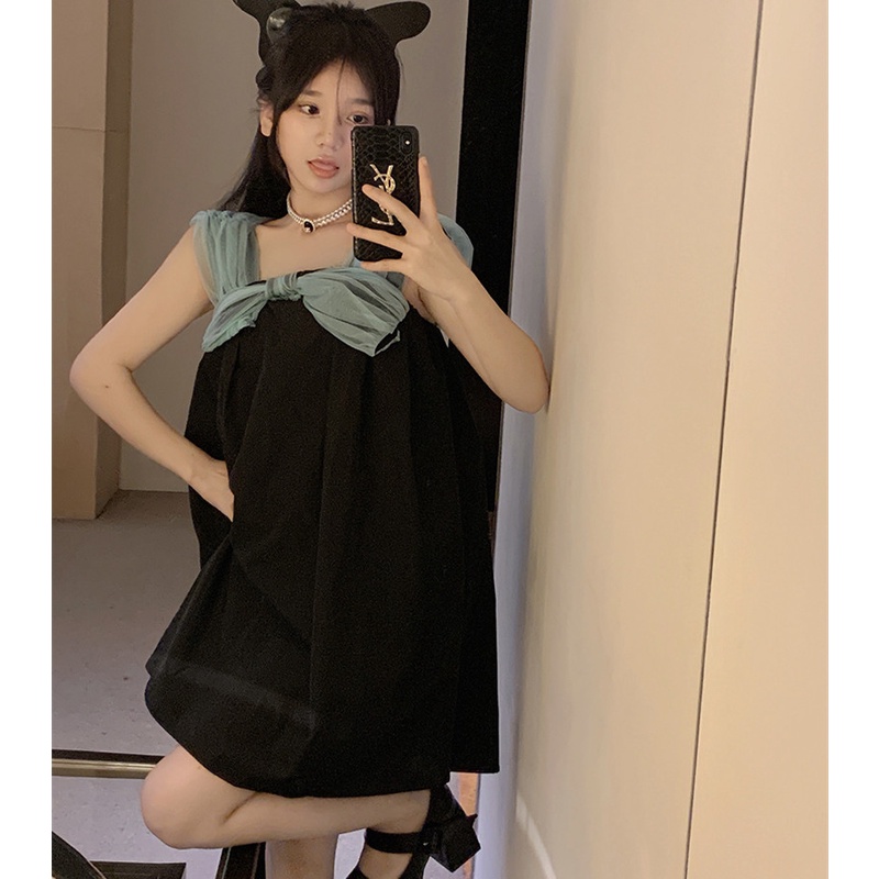 Đầm Chữ A Hai Dây Dáng Rộng Màu Sắc Tương Phản Cho Nữ