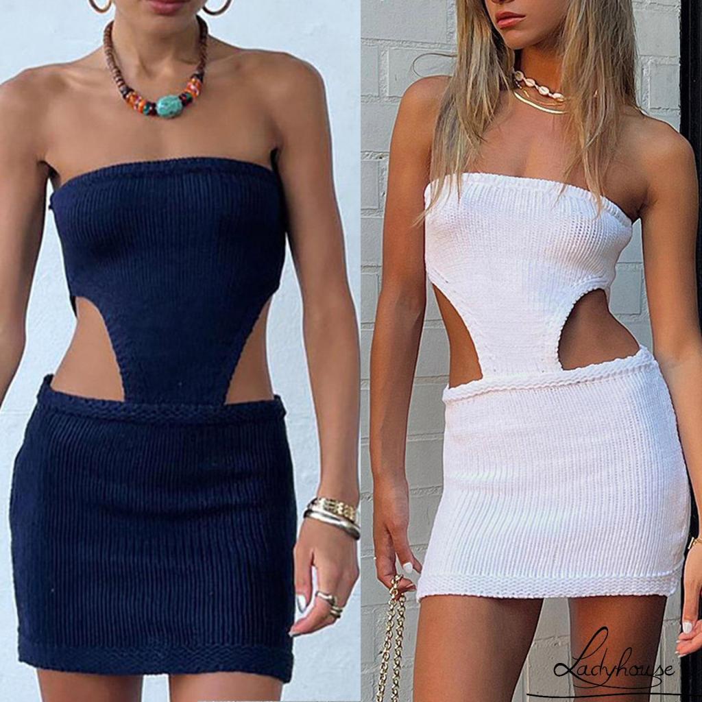 LD-Women’s Casual Tube Tops Dress Fashion Solid Color Waist Hollow Knitted Skinny Short Dress