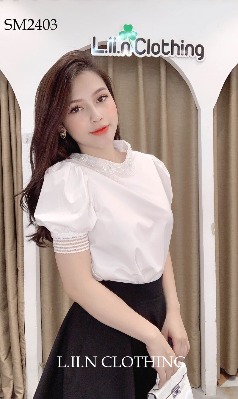 Áo kiểu nữ Trắng Cổ Voan Hoa ngắn tay chất đẹp tôn dáng Liin Clothing SM2403