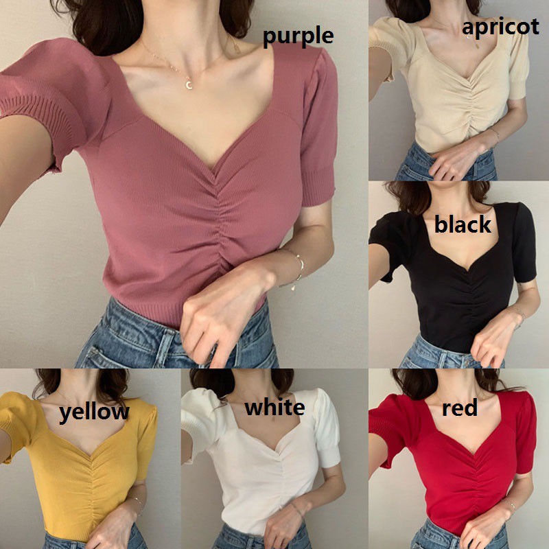 Áo tay phồng cổ chữ V màu trơn xinh xắn cho nữ