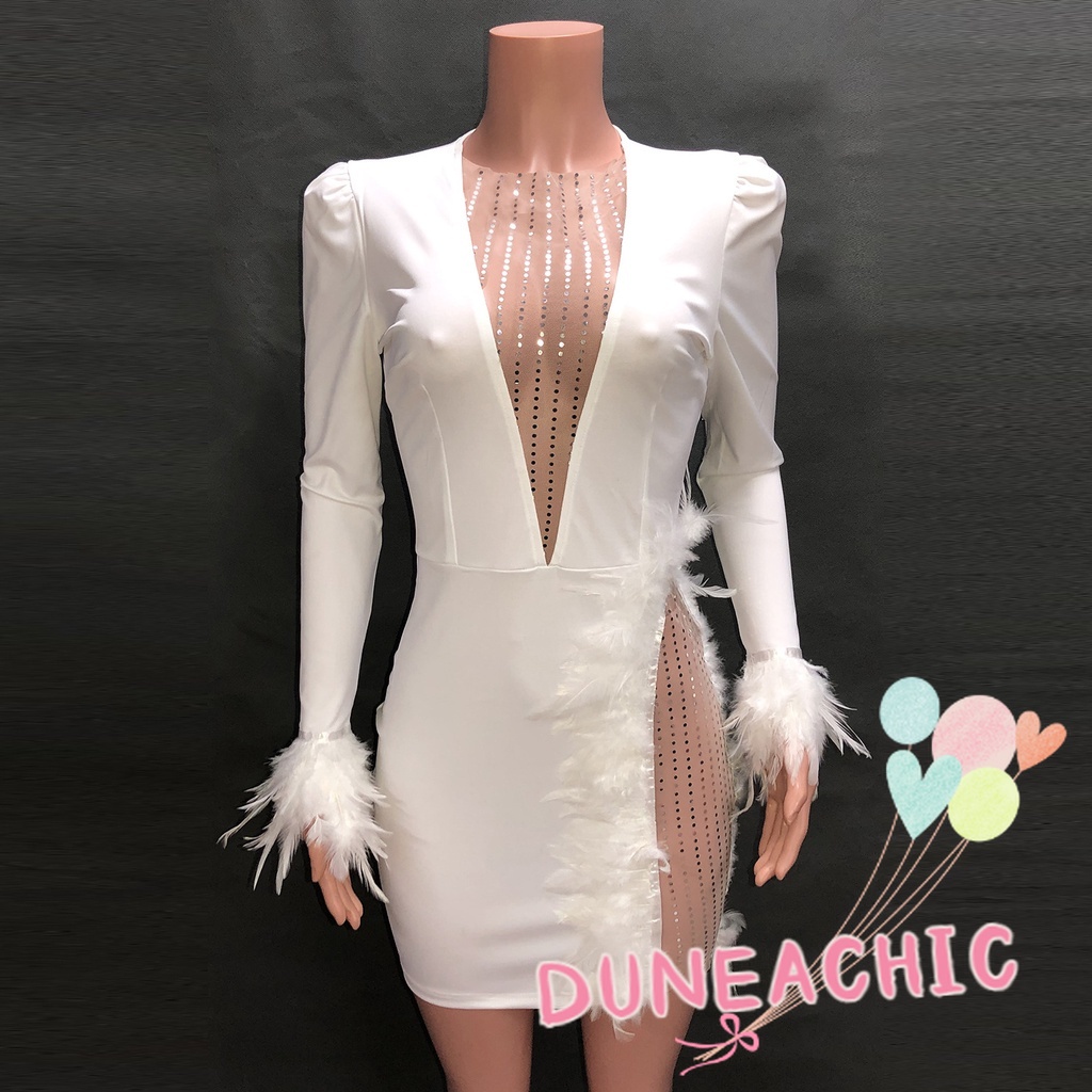 DUNEA Đầm phối lông vũ xinh xắn thời trang gợi cảm cho nữ