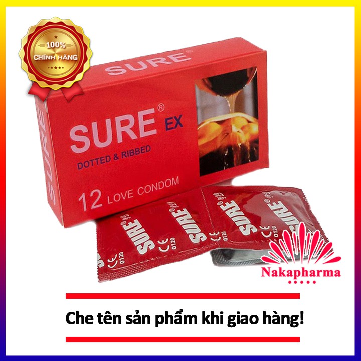 (CHE TÊN KHI GIAO) Bao cao su SURE mỏng, gân gai - Hộp 12 cái - BCS Sure đỏ