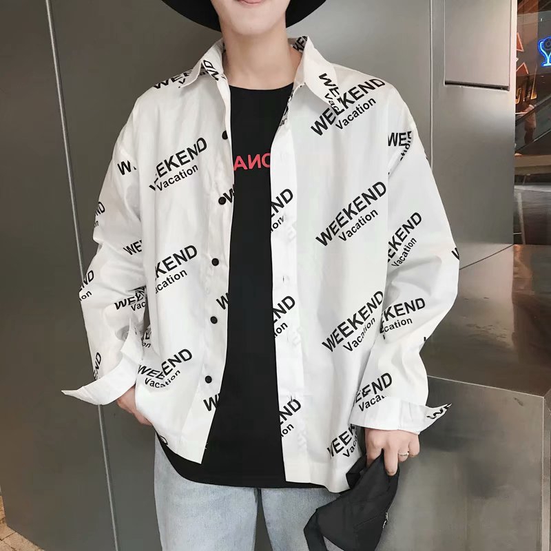 Áo sơ mi form rộng dài tay in chữ phong cách Hàn Quốc dành cho nam