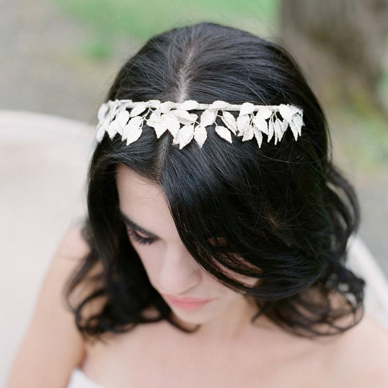 Vương Miện Cài Tóc Hình Lá Mạ Vàng Cho Cô Dâu