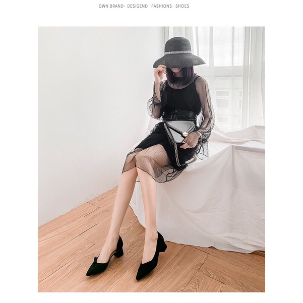 Giày cao gót nữ kiểu dáng khoét eo thanh lịch gót thô 6cm có gắn nơ mảnh - GI13 - Oula Store
