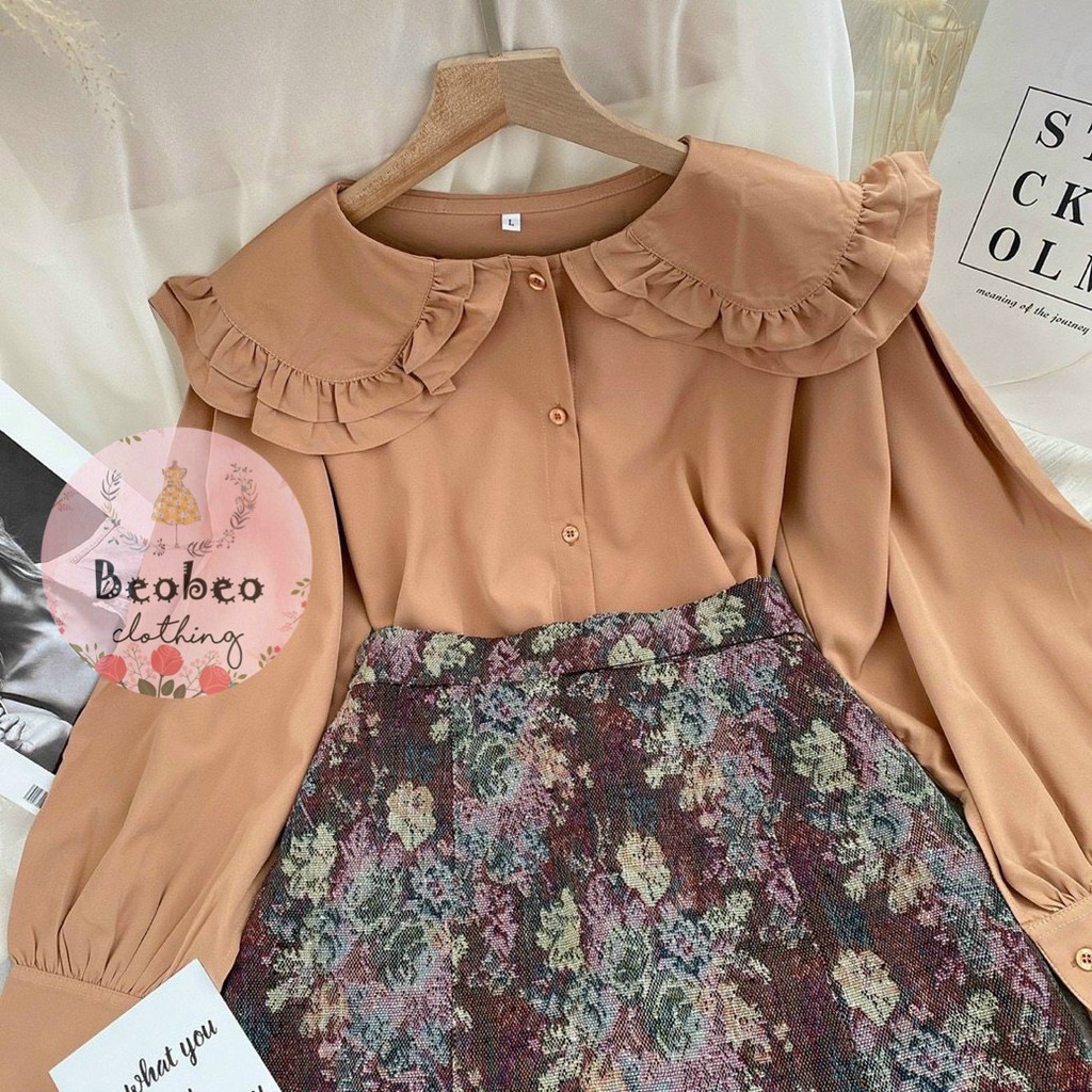 Set áo cổ sen tay phồng kèm chân váy hoa chữ A vintage