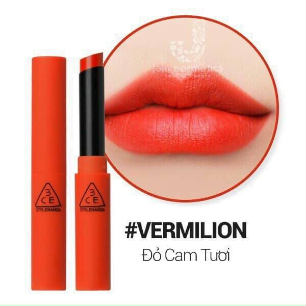 (CÓ TEM CHECK HIDDEN TAG) Son 3CE Slim Velvet Lip Color màu #Vermilion – Đỏ Cam