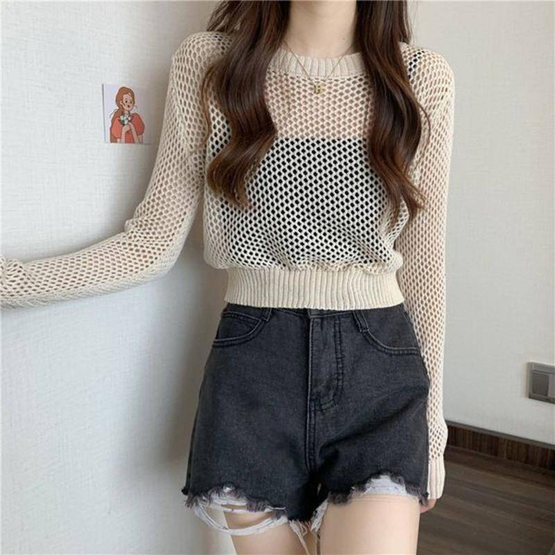 Áo Dệt Kim Tay Dài Phồng Cổ Tròn Dáng Rộng Phong Cách Hàn Quốc Cổ Điển Thời Trang Cho Nữ