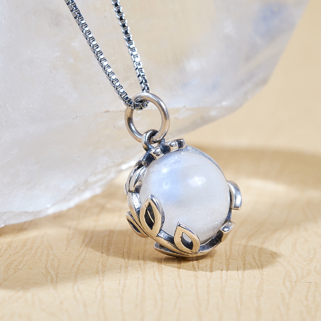 Mặt Dây Chuyền Khung Bạc Đá Mặt Trăng Moonstone Thiên Nhiên