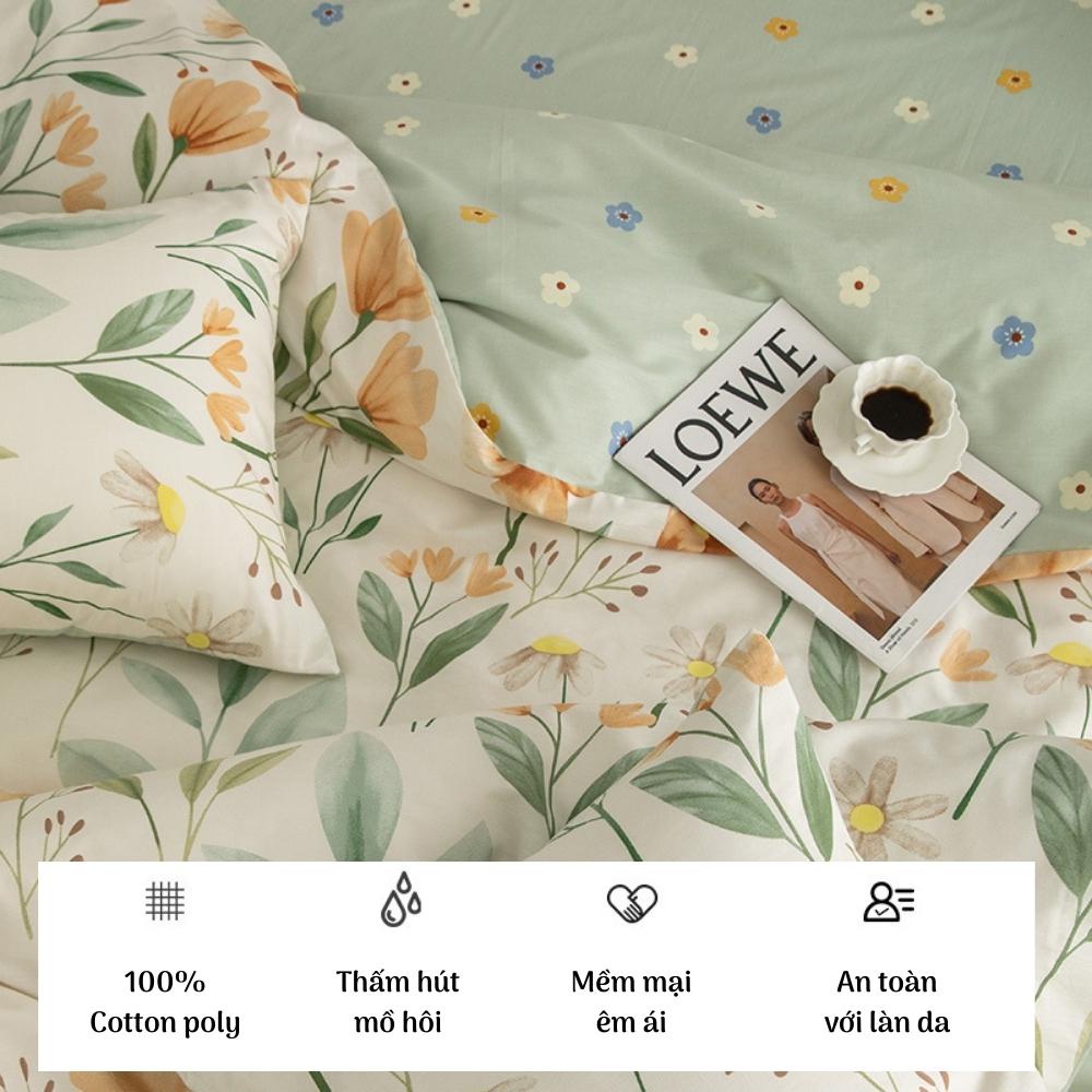 Bộ chăn ga gối nệm 4 món hoa xanh cam vintage poly cotton drap đệm phủ hoặc bo chun đủ size 1m6 1m8 2m Otama Bedding