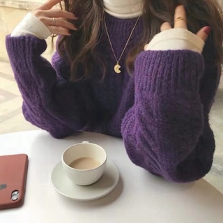 (HÀNG SẴN) Áo len nữ vặn thừng cổ tròn form thụng màu tím đậm style vintage Hàn Quốc dày dặn ấm áp (Hàng_Thu_Đông)
