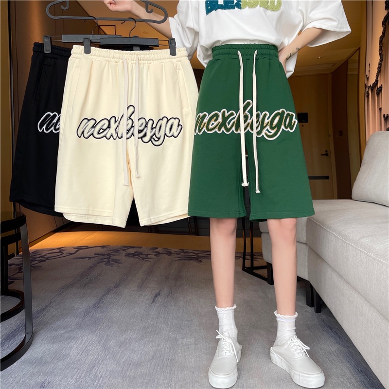 Quần Short Lưng Cao Ống Rộng Dây Rút In Họa Tiết retro Mỹ 3 Màu Sắc Cho Nữ