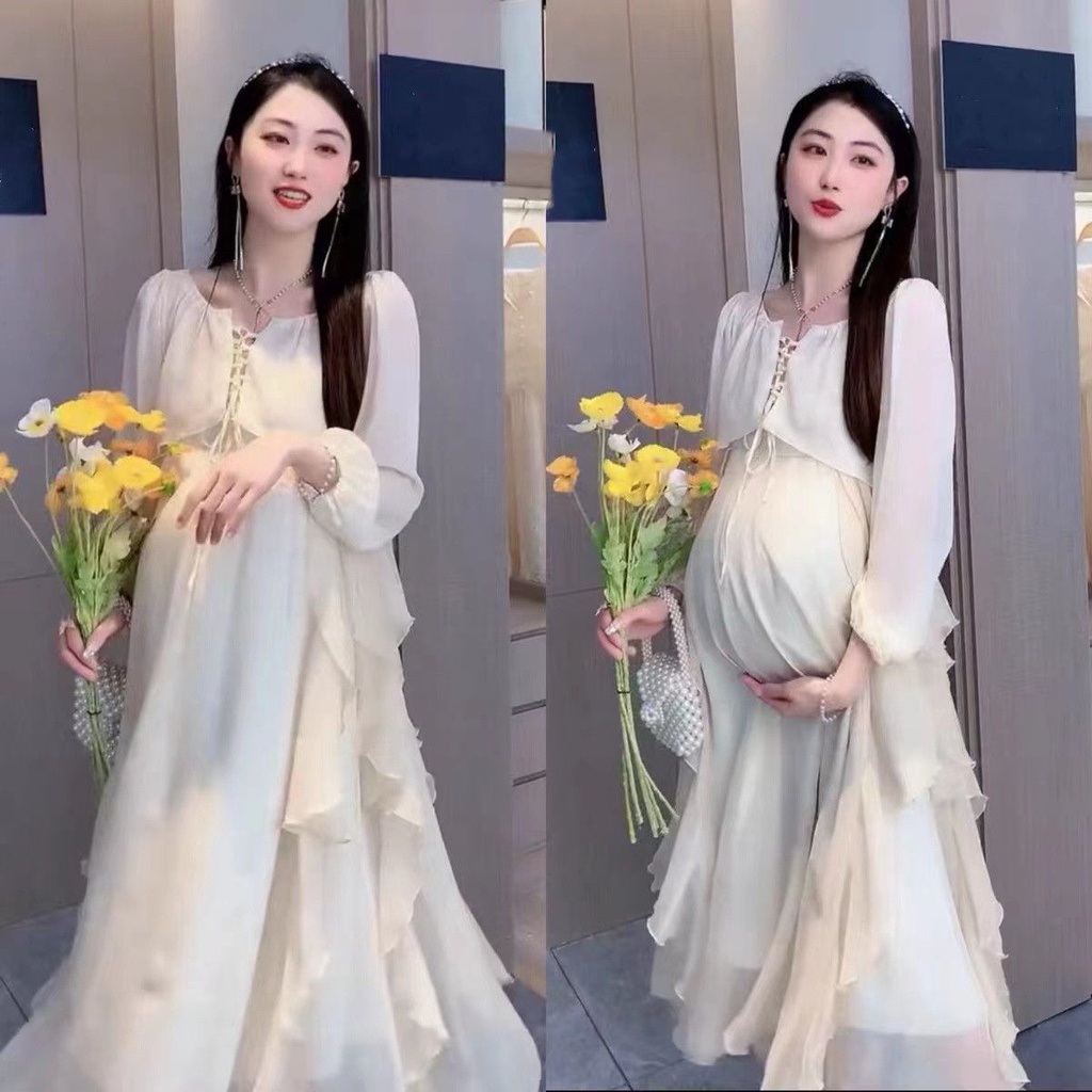 Set Đầm Hai Dây Dáng Dài Và Áo Khoác Ngoài Thời Trang Mùa Xuân Cho Bà Bầu