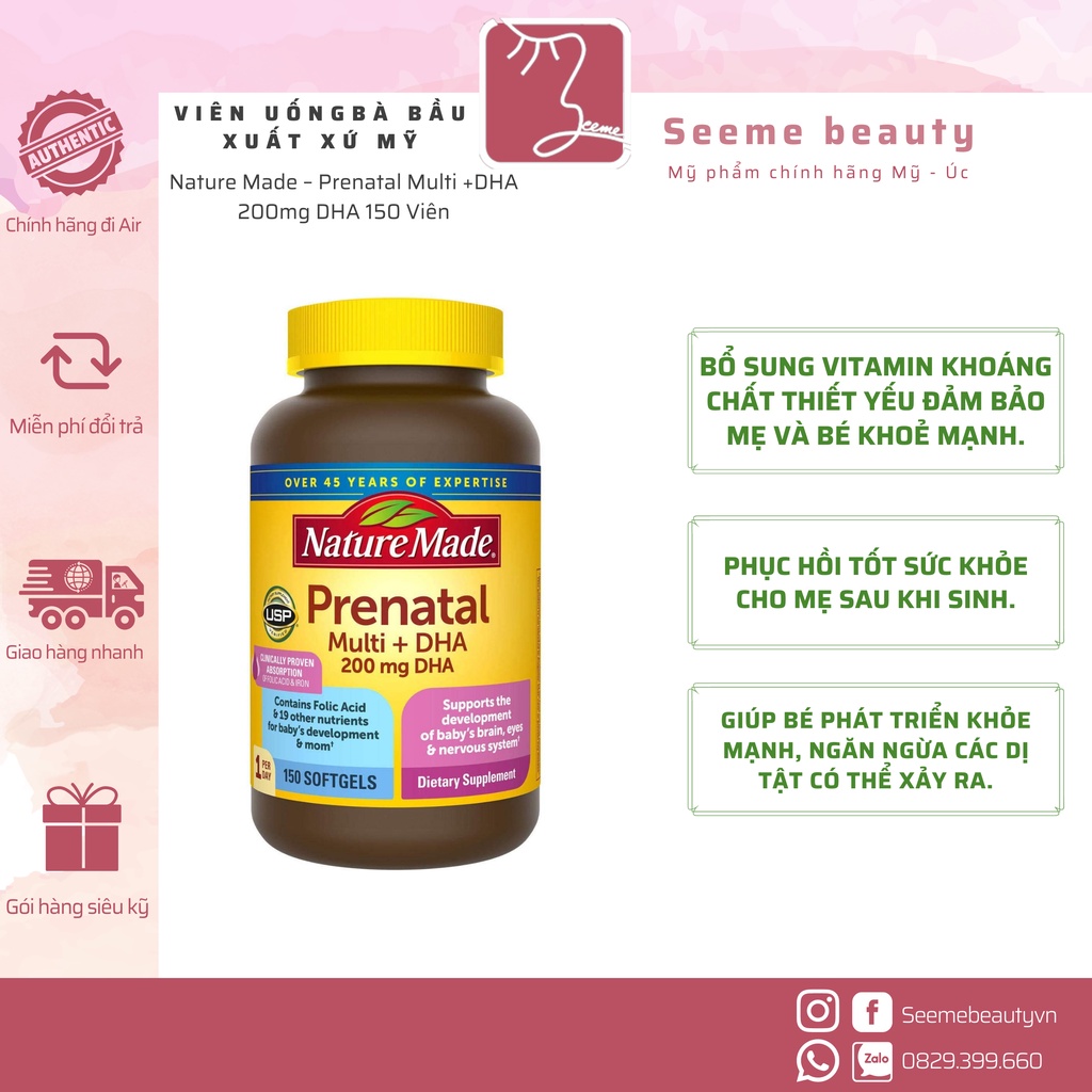 [Bill Mỹ] Viên Uống Vitamin Mẹ Bầu Nature Made Prenatal Multi DHA 150 Viên SeeMe beauty VE-002