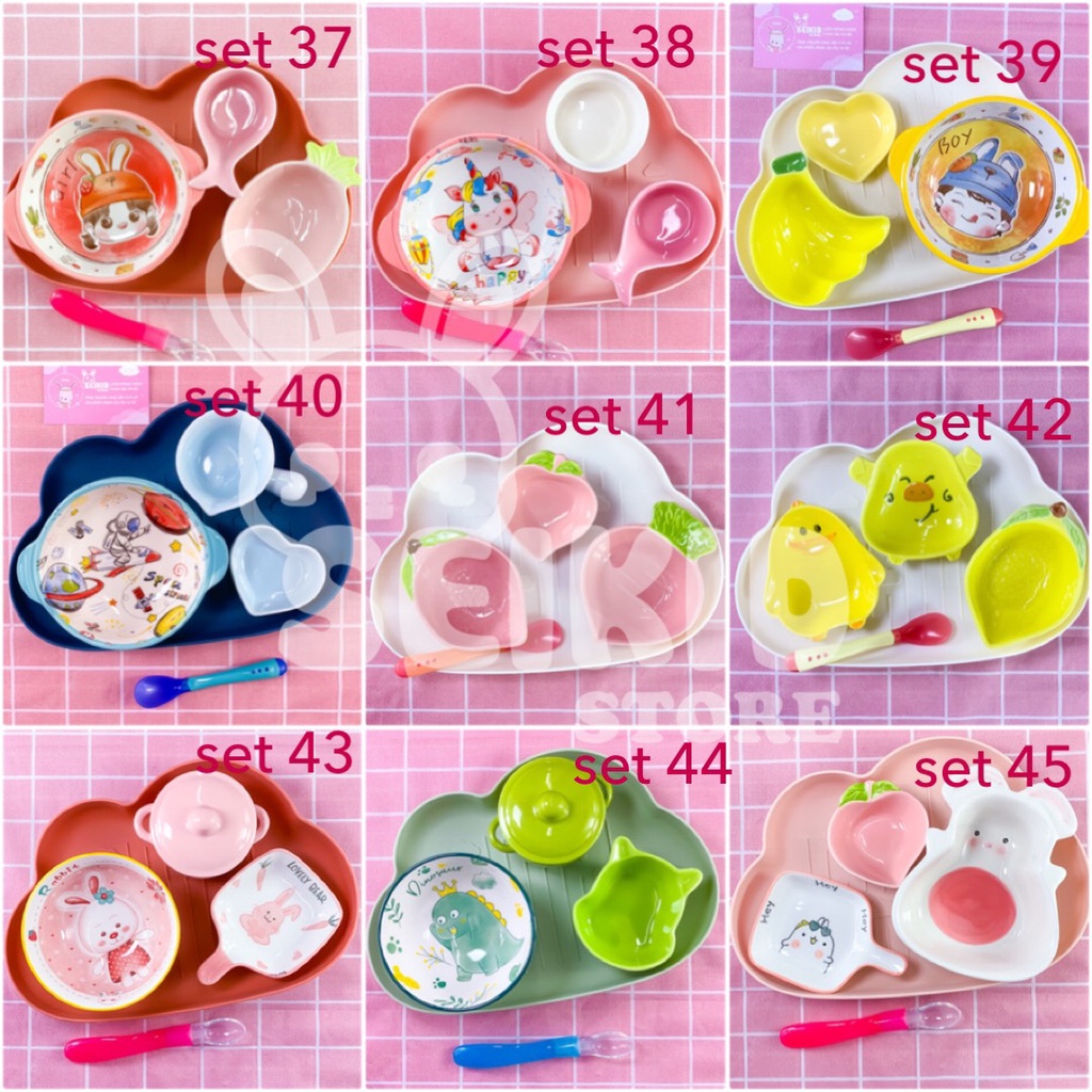 Combo Set Bát Sứ Ăn Dặm Cho Bé Đủ Màu Ngộ Nghĩnh Gồm Khay 3 Bát Ăn Sứ Kèm Thìa Báo Nóng Seikid Store