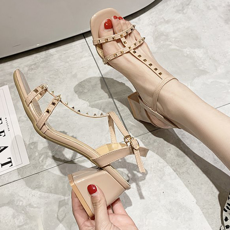 Giày cao gót IELGY mũi vuông quai phối đinh tán thời trang cho nữ