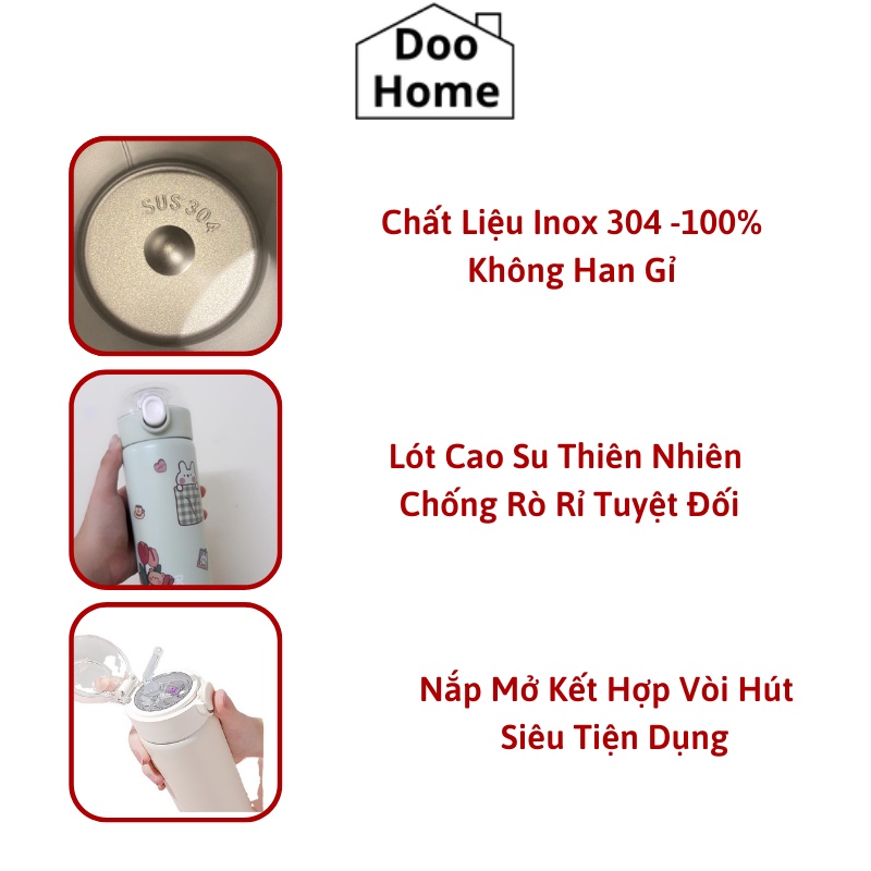 Bình giữ nhiệt cho bé đi học ROUSE, Bình đựng nước mini cute inox 304 thép không gỉ có ống hút dung tích 380ml-DooHome