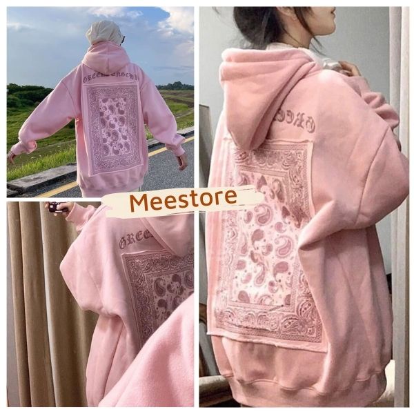 Áo Hoodie Bandana Nữ MEESTORE- Sweater Hồng Họa Tiết Thổ Cẩm Dáng Rộng Tay Bồng Mũ 2 Lớp Ullzang