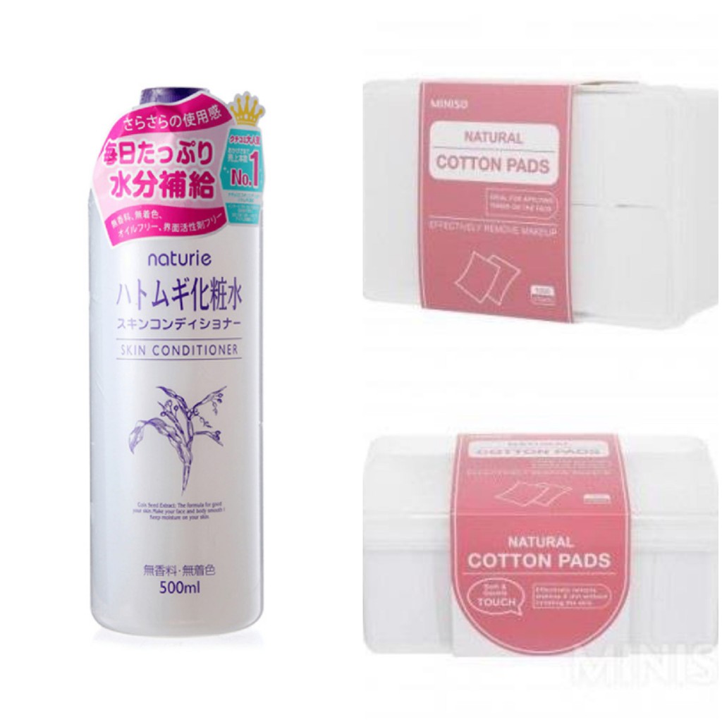 combo nước hoa hồng gạo naturie nhật bản 500ml và bông tẩy trang miniso 1000 miếng(dollar cosmetics)