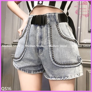 Quần Đùi, Quần Short Bò Nữ Đính Đá Túi Vuông To Cá Tính (Minhon Store QS16)