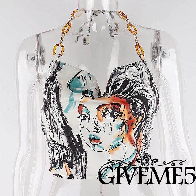 Áo hai dây Nữ Cộc Tay Hở Lưng In Hình Thời Trang