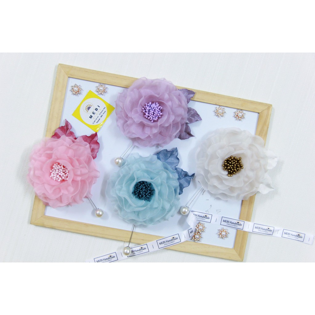 (ảnh thật 100%) Hoa cài áo handmade mẫu hoa mẫu đơn vải voan size 10-11cm