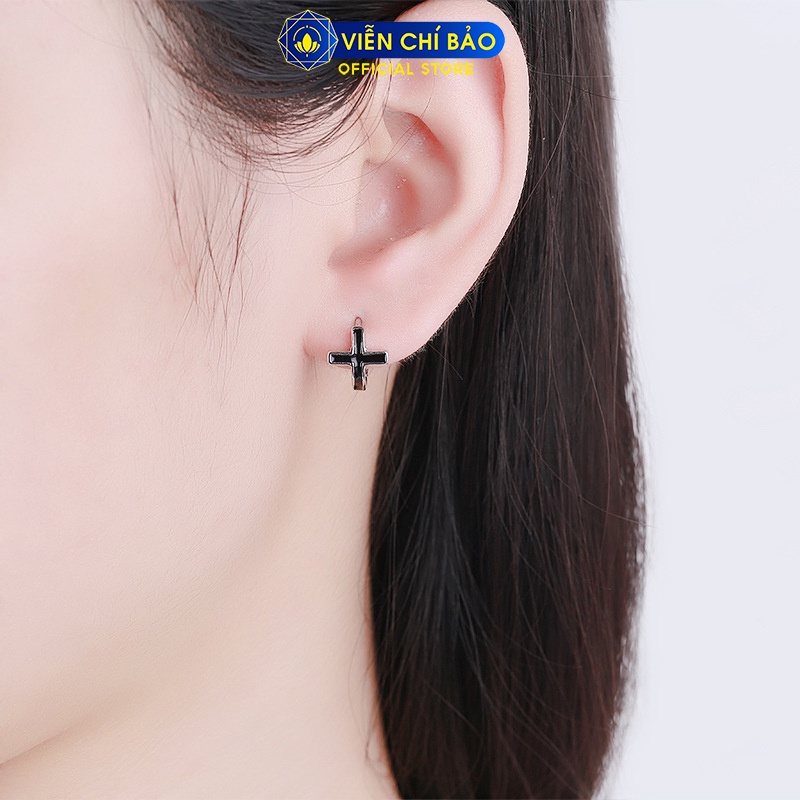 Bông tai bạc unisex chữ thập trơn đen chất liệu bạc 925 thời trang phụ kiện trang sức nữ Viễn Chí Bảo B100033