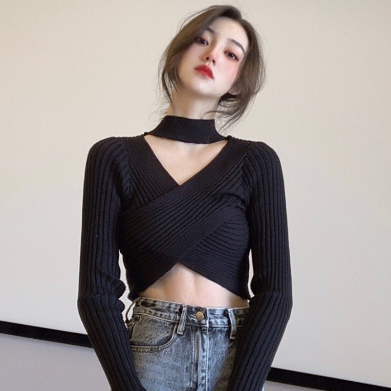 QADCOL  Áo len tay dài cổ chữ V kiểu hàn quốc cho nữ