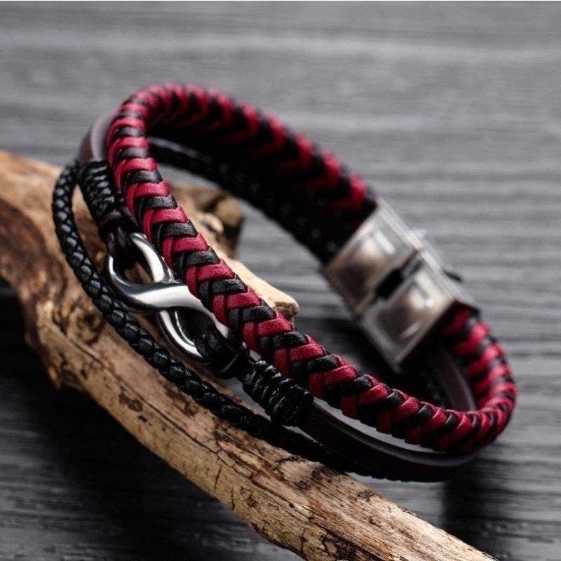 Vòng Tay Dây Da Bện Màu Đỏ Đen Phong Cách Punk Cổ Điển Cho Nam