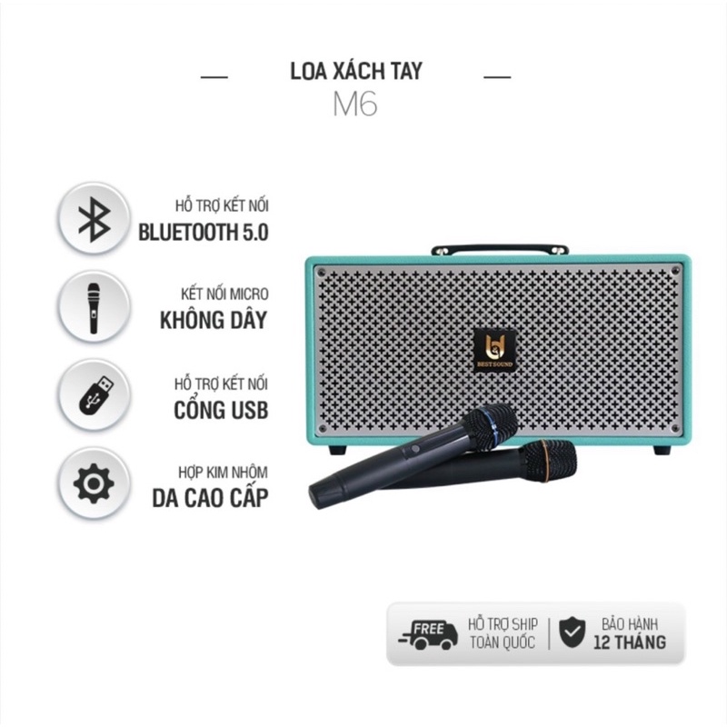 Loa Bluetooth Di Động Chính Hãng Best Sound M6-Hàng Nhập Khẩu 2022-Tặng Kèm 2 Micro Karaoke