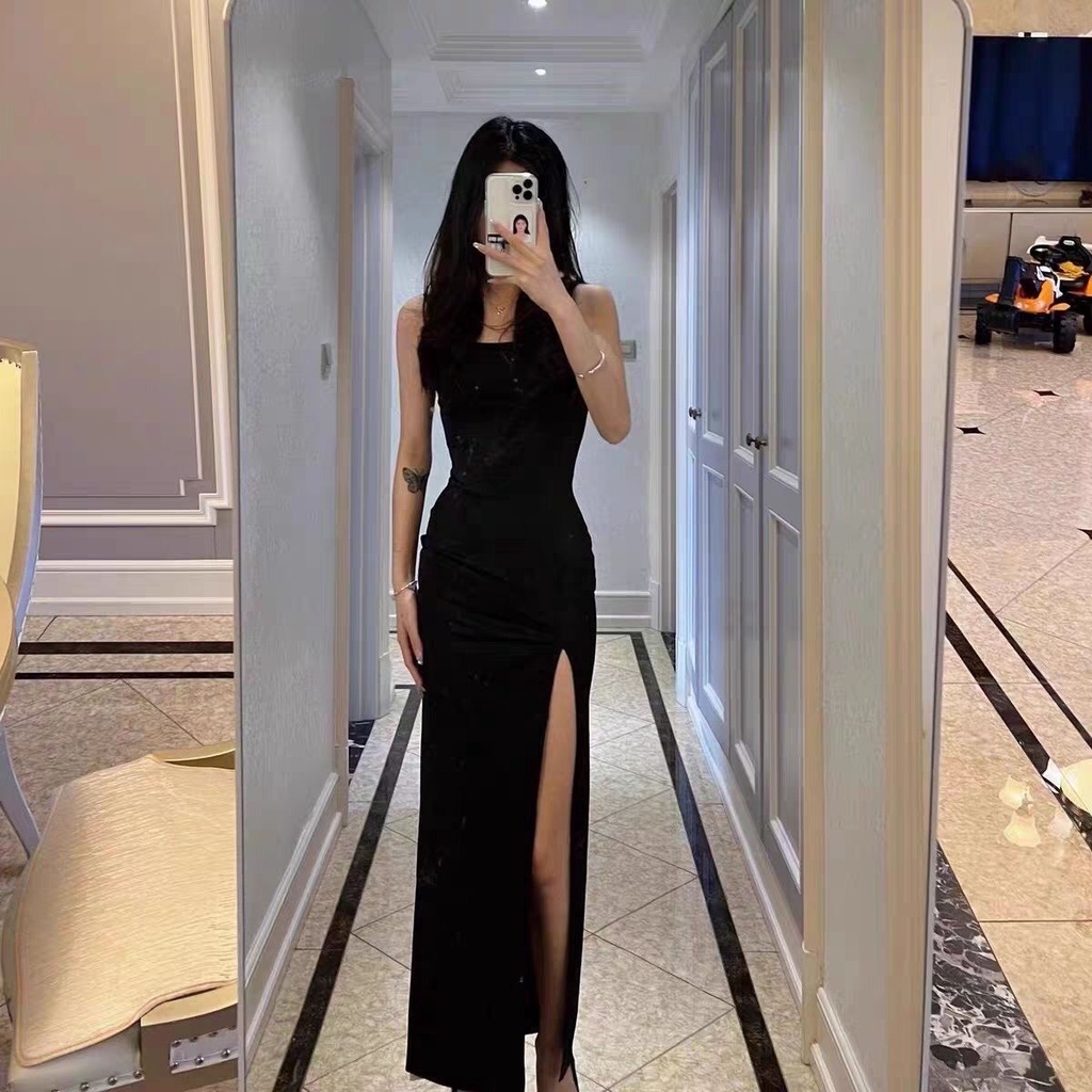 3 Light Mature Hot Girl Đầm Hai Dây Dáng Dài Ôm Eo Xẻ Tà Màu Đen Thuần Khiết Phong Cách Desire Cho Nữ