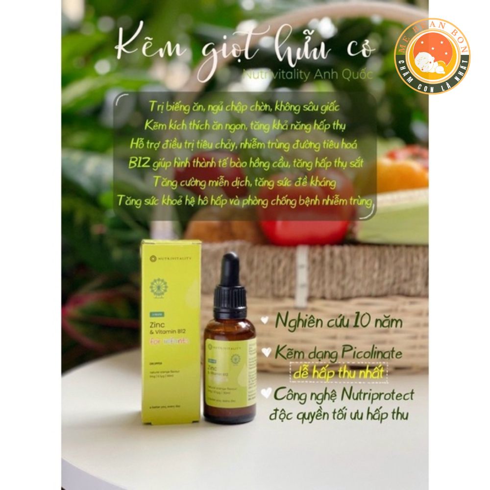 Kẽm giọt hữu cơ ZinC và vitamin B12 Nutrivitality UK 30ml Cho trẻ từ sơ sinh hay biếng ăn hỗ trợ hệ miễn dịch - mẹ bean