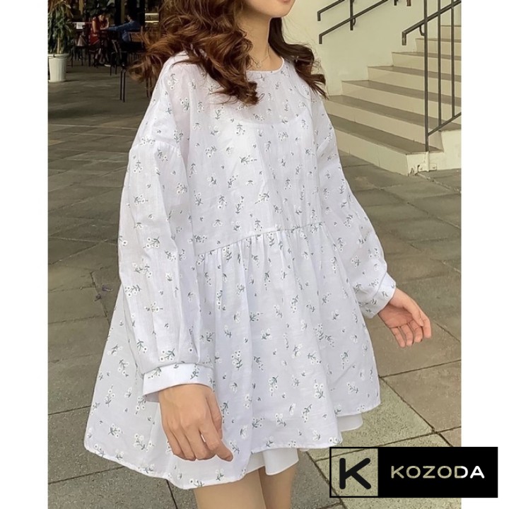 Áo babydoll thêu dáng rộng hoa xanh trắng Kozoda SM35 | BigBuy360 - bigbuy360.vn