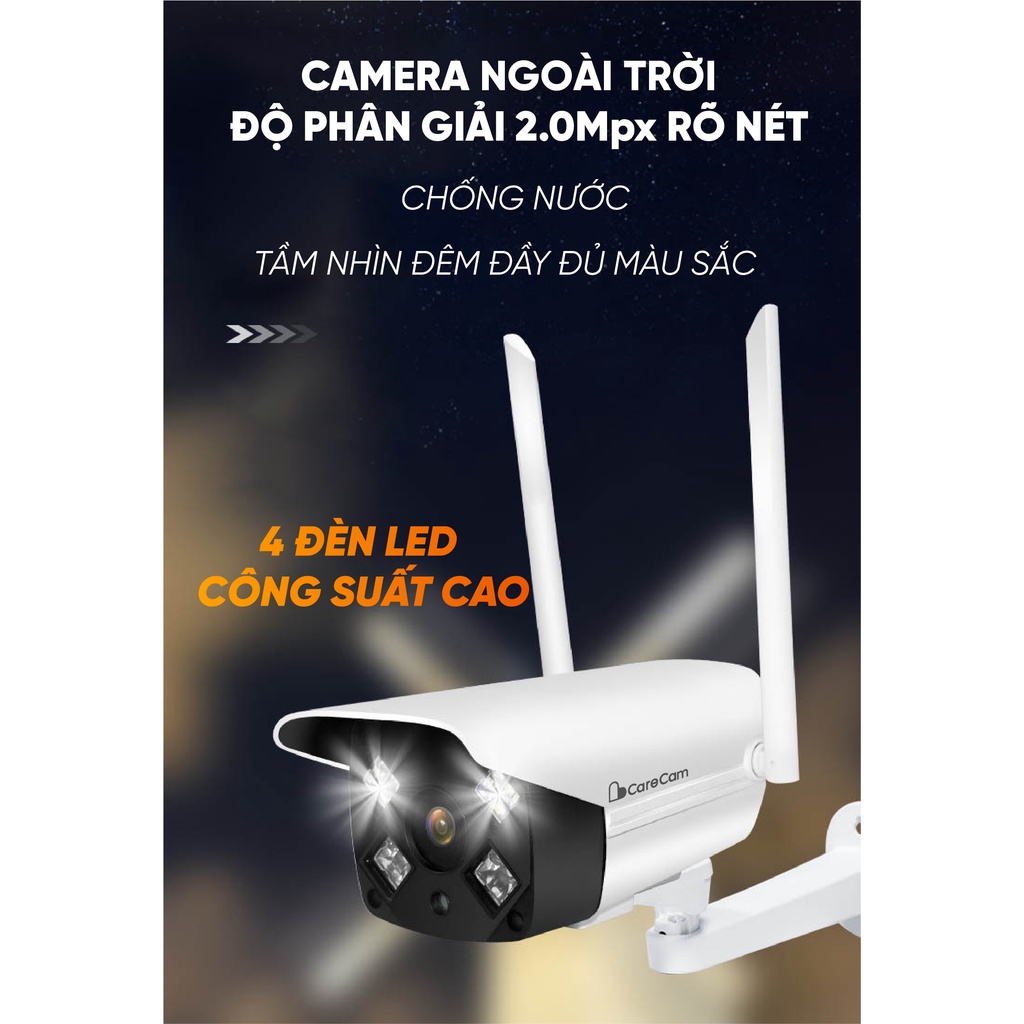 Camera wifi ngoài trời Carecam CV922A 2.0MP Full HD 1080P, xem 4 khung hình và xem đêm có màu.