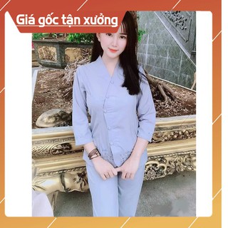 Đồ lam đi chùa Vạt chéo thêu gấu chất vải mịn