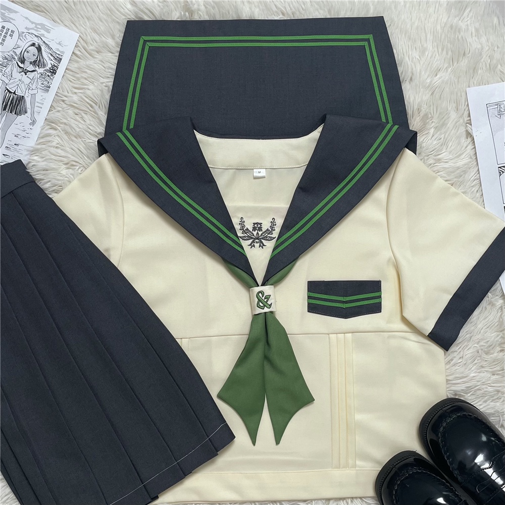 Seifuku/ Set váy đồng phục học sinh Nhật Bản xanh lá: áo cổ thủy thủ + khăn quàng + chân váy xòe xếp ly