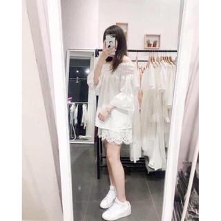 Áo sơ mi trễ vai thắt nơ