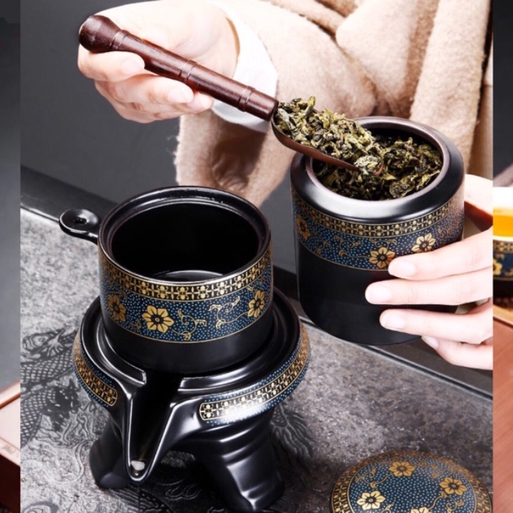 Bộ ấm chén trà đạo - Ấm pha chén uống trà cối xay 1 ấm trà 6 chén 1 cối xay, họa tiết sang trọng, phù hợp để tiếp khách